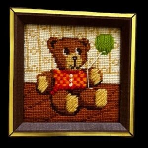 VINTAGE Framed Teddy Bear Needlepoint Art Nursery Child Artsy Home Decor Unique